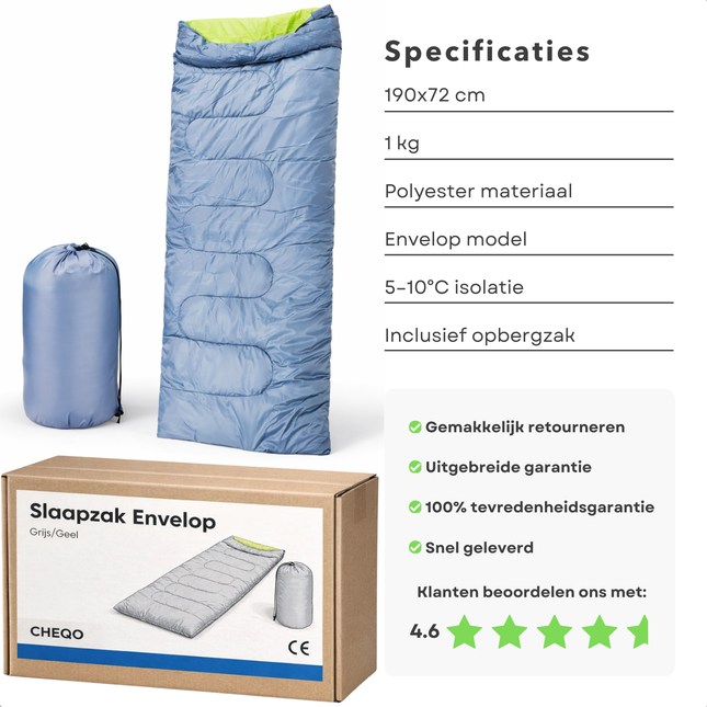 Cheqo® Slaapzak Envelop - Slaapzak Dekenmodel - Zomerslaapzak - Slaapzak Volwassenen - Slaapzak Camping - Slaapzak Kamperen - Slaapzak Festival - Reisslaapzak - Lichtgewicht Slaapzak - Dunne Slaapzak