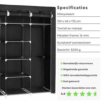 Cheqo® XXL Kledingkast - Opvouwbare Garderobekast - Campingkast - Slaapkamer Kast - Kleerkast - Zwart - Metalen Frame