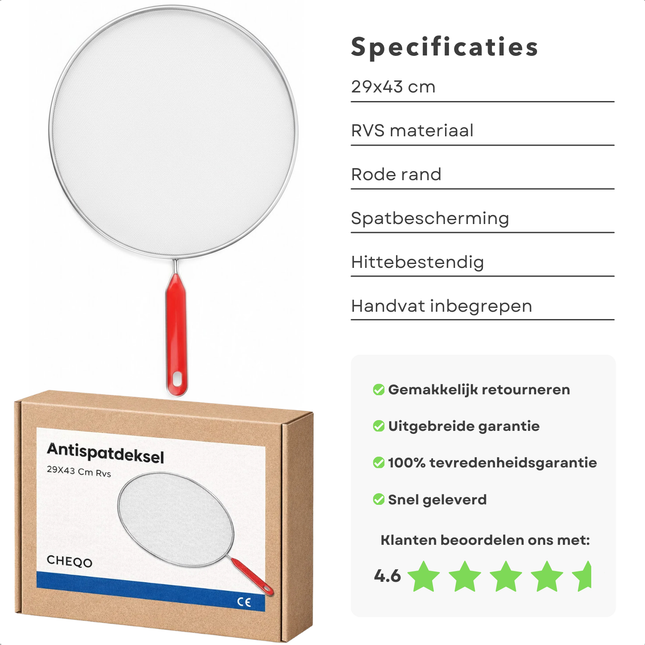 Cheqo® Anti Spatdeksel - Spatscherm Pan - Spatscherm - Spatdeksel - Deksel Tegen Spatten - Spetterdeksel - Kookspatdeksel - Anti Spetter Deksel - Anti Spat Deksel - Rood Anti Spatdeksel - Rood Spatdeksel