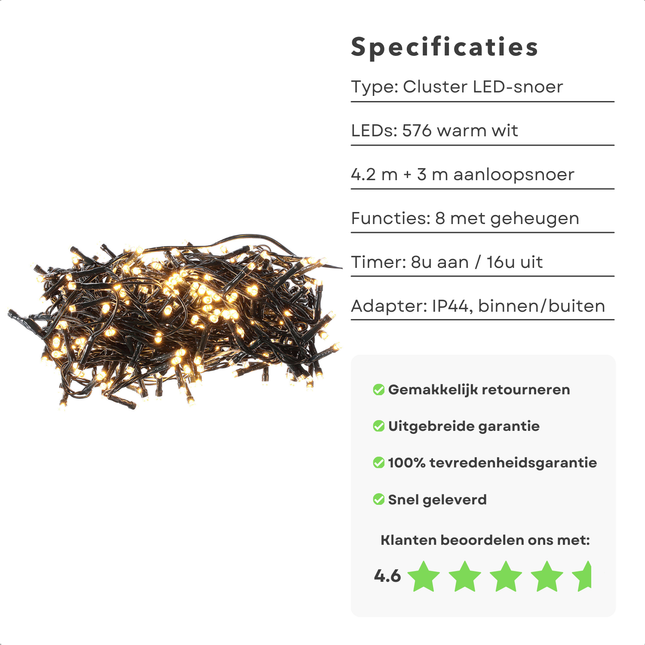 Cheqo® Kerstverlichting - Kerstboomverlichting - Kerstlampjes - LED Clusterverlichting - Warm Wit - 576 Lampjes - 4M - Timer & Lichtfuncties