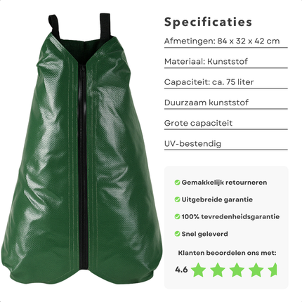 Cheqo® Waterzak Boom Irrigatie - 75 Liter - Kunststof - Irrigatiesysteem voor Bomen - Met Ritssluiting