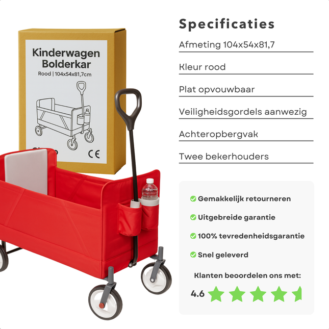 Cheqo® Opvouwbare Bolderkar - Bolderwagen - Rood - Opbergvak - Plat Opvouwbaar - Gemakkelijk Op Te Vouwen - 2 Bekerhouders - Transportkar - Eenvoudig Op Te Bergen - Strandkar