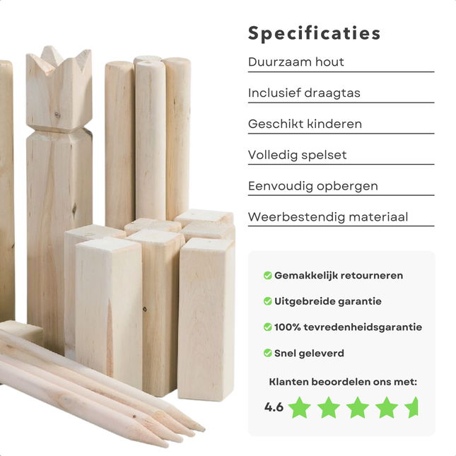 Cheqo® Houten Kubb Spel - Berkenhout - Werkspel - Inclusief Draagtas - Voor Kinderen - 21 Onderdelen