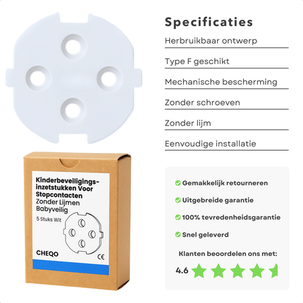 Cheqo® Kinderbeveiliging Stopcontact - Stopcontactbescherming Zonder Lijm - Herbruikbare Stopcontactbeveiliging - Bescherming Tegen Stroomschokken - Stekkertype F Bescherming - Stopcontactbeschermer - Stopcontact Bescherming