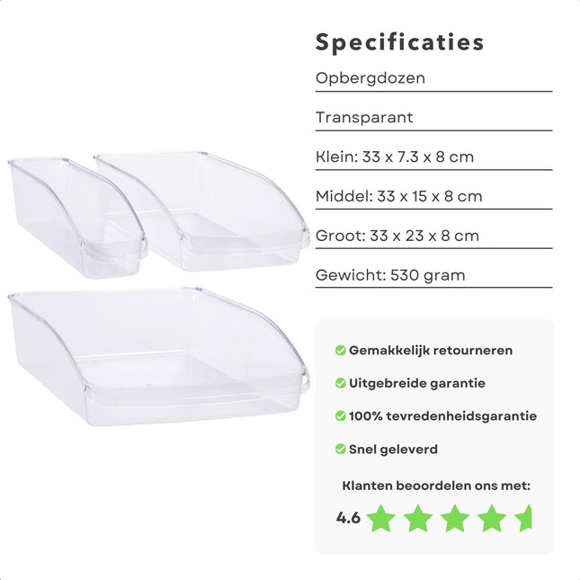 Cheqo® Transparante Opbergbakken - Voor de Koelkast - Set Van 3 Stuks - 33 x 7.3 x 8 cm - Vershoudbakken - Koelkast Organizer - Koelkastbakken -  Lichtgewicht - Lange Levensduur Koelkastorganizers