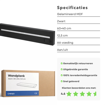 Cheqo® Wandplank Met LED Verlichting - Wandplank Met Verlichting - Wandplank Met Licht - Wandplank Zwart Met LED Verlichting - Wandplank Zwart