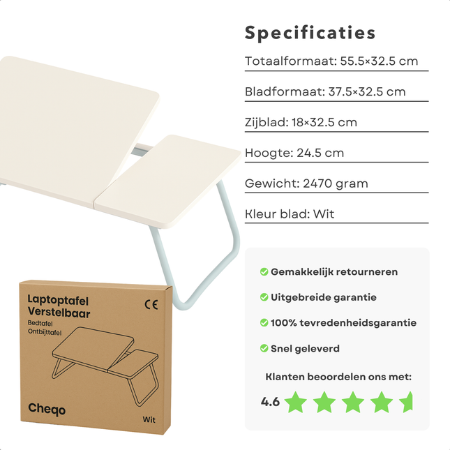 Cheqo® Opklapbare Laptoptafel - Ontbijt op Bed Tafel - Bedtafel met Tablethouder - Bank Tafeltje - Ontbijttafeltje - Banktafel - Wit