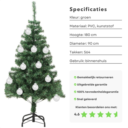 Cheqo® Kunstkerstboom PVC - Kunst Kerstboom - 180 cm - Volle 564 Takken - PVC Binnengebruik - Inclusief Standaard