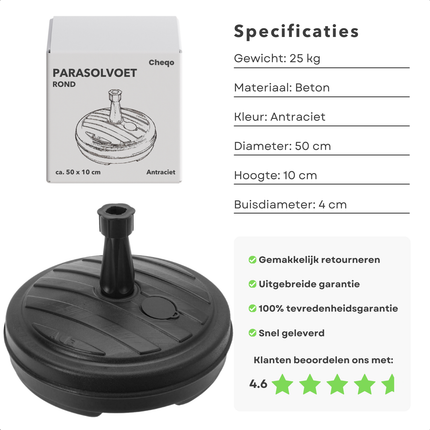 Cheqo® Parasolvoet Rond - Parasolstandaard - Parasol Standaard - Parasol Voet - Vulbaar en Weerbestendig - Kunststof Standaard voor Zware Parasols