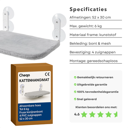 Cheqo® Kattenhangmat Raam - Kattenbed Raam - Sterke Zuignappen - Raamzitje Voor Katten - Kattenligplek Zonder Boren - Geschikt Voor Katten Tot 6 Kg - Afneembare Hoes - Ademende Mesh - Stabiel En Stevig Ontwerp