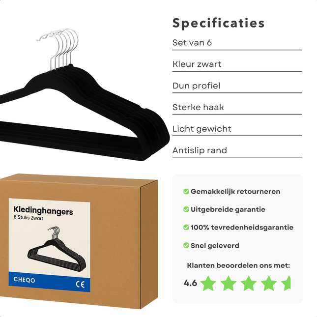 Cheqo® Velvet Kledinghangers - Zwarte Kledinghangers - Antislip Hangers - Kleerhaners - Slank Ontwerp - Draaibare Metalen Haak - Kleerhanger - Kledinghangers Met Inkepingen - Set Van 6 Hangers - Geschikt Voor Alle Soorten Kleding