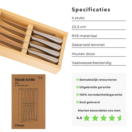 Cheqo® Steakmessen Set - Roestvrij Staal - Vaatwasserbestendig - Houten Bewaardoos - Scherpe Messen - Licht Gekarteld - 4-Delige Set - Cadeau Voor Vleesliefhebber - Keukenmessen - Steakmes 22,5 cm - RVS Steakmessen - Hersluitbare Doos