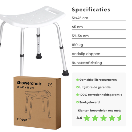 Cheqo® Verstelbare Douchekruk - Antislip Zitting - Stevige Douchekruk - In Hoogte Verstelbaar - Douchekruk Met Handvatten - Veilig Krukje Douche - Douche Kruk - Maximaal 150 kg - Revalidatie Hulpmiddel - Senioren Douchekruk