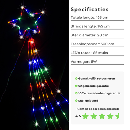 Cheqo® Verlichte Kerstster - Kerst Ster - Lichtgevende Ster - Kerstverlichting - Kerstboomverlichting - Lichtsnoer - Kerstlampjes - Kerstlichtjes - 165 cm RGB LED - Voor Binnen en Buiten - Met Afstandsbediening