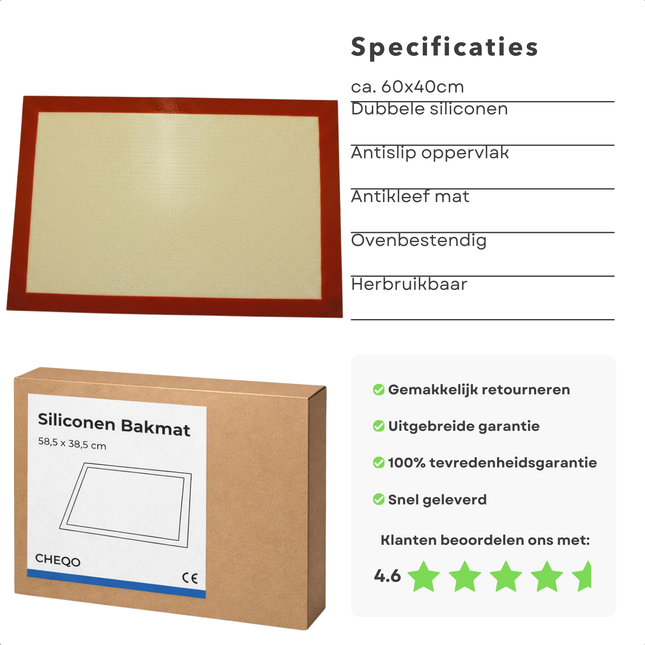 Cheqo® Bakmat - Siliconen Bakmat - Ovenmat - Siliconen Ovenmat - Deegmat - Patisseriemat - Bakmat Herbruikbaar - Antikleef Bakmat - Bakmat Uitrollen Deeg - Bakmat Kneden - Bakmat Voor Macarons