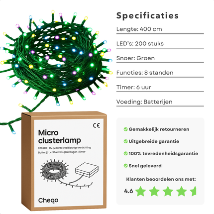 Cheqo® Micro Clusterverlichting - 200 Led Lampjes - Soft Multi Colour - Batterij Aangedreven - 8 Lichtfuncties - Geheugenfunctie - Timer Functie - 6 Uur Aan - 18 Uur Uit - Kerstverlichting - Kerstboomverlichting - Kerstlampjes