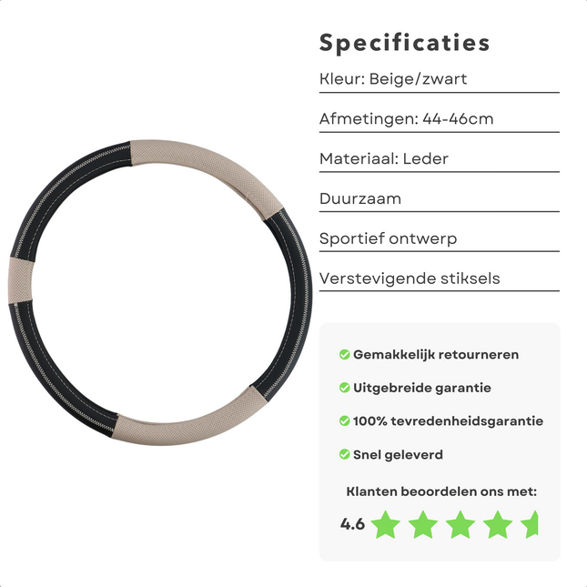 Cheqo® Universele Stuurhoes voor Vrachtwagen | Beige Echt Leder | Sportieve Uitstraling | Bescherming tegen Vuil en Slijtage | Verstevigende Stiksels | Geschikt voor Sturen van 44-46 cm Auto & Fiets