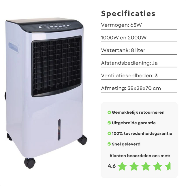 Cheqo® Multifunctionele Mobiele Luchtkoeler - Aircooler -  Waterkoeling en Afstandsbediening - Verwarmingsfunctie - 8 Liter Watertank
