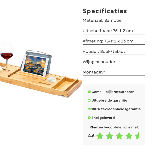 Cheqo® verstelbare bamboe badplank met boekenhouder en wijnglashouder, luxe badaccessoire van 75-112 cm, met hoge klantbeoordeling.