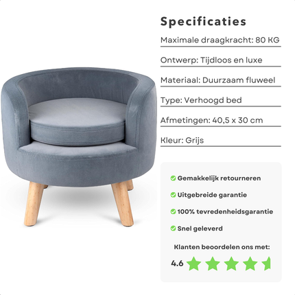 Cheqo® Fluwelen Hondenbank - Dierensofa - Hondenmand - Dierenmand - Huisdierenmand - Luxe Verhoogd Bed - Bank Voor Kleine Honden en Katten - Grijs