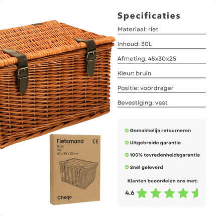 Cheqo® Fietsmand Riet 30L – Bakkersmand Bruin met Deksel & Riempjes – Voorrek Fietsmand – Nostalgisch Design – Vaste Montage – Picknickmand – Boodschappenmand – Stevige Rieten Mand voor Omafiets