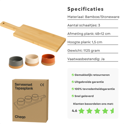 Cheqo® Tapas Serveerset - Serveerplank - Tapas Set op Bamboe Plank - Hapjes Plank - Hapjesplank - Borrelplank - Aardewerk Schaaltjes
