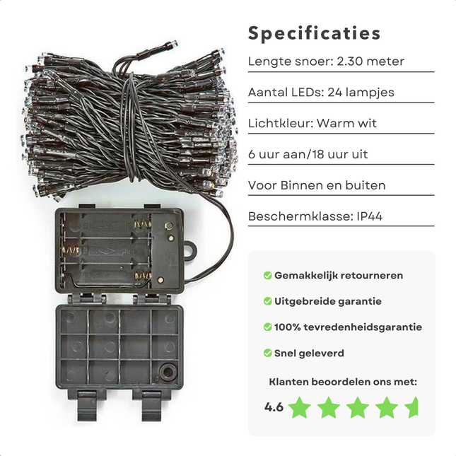 Cheqo® Kerstverlichting - Kerstboomverlichting - Kerstlampjes - LED Kerstverlichting - Warm Wit - 1.8M 24 LED's - Batterij & Timer - Waterdicht IP44