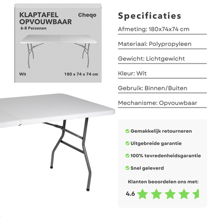 Cheqo® Inklapbare Tafel – Klaptafel – Campingtafel – Vouwtafel Buiten - Tafel Opvouwbaar - Camping & Tuin
