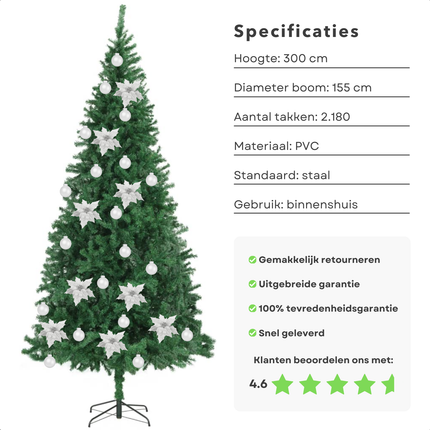 Cheqo® Kunstkerstboom PVC - Kunst Kerstboom - 300 cm - Levensecht PVC - Grote Binnenboom met Stalen Standaard