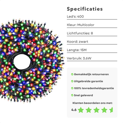 Cheqo® Kerstverlichting - Kerstboomverlichting - Kerstlampjes - 400 LED - 6M - Voor Binnen en Buiten - Timer - 8 Lichtfuncties - Lang Snoer - Multicolor - Clusterverlichting - Sfeerverlichting - Feestverlichting - Veelkleurig Kerstboomverlichting