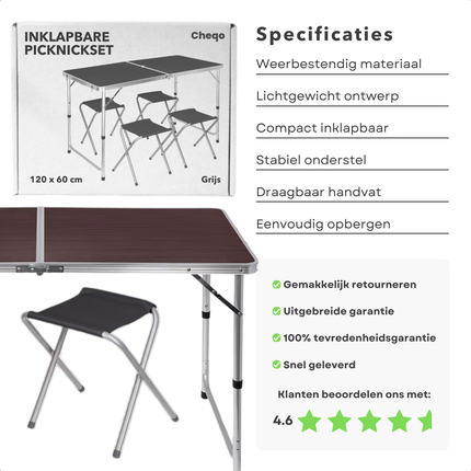 Cheqo® Inklapbare Campingtafel Set - Klaptafel - Inklapbare Tuintafel - Vouwtafel - Camping Tafel - Lichtgewicht Aluminium - Ideaal voor Kamperen
