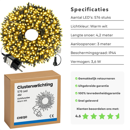 Cheqo® Clusterverlichting Warm Wit - 576 LED Lampjes - Lichtfuncties Met Geheugen - Energiezuinige LED's - Binnen En Buiten Gebruik - IP44 Beschermwaarde - Kerstboomverlichting - Kerstverlichting - Kerstlampjes