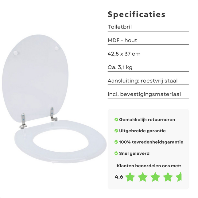 Cheqo® Toiletbril MDF - WC Bril - Hout - Wit 42.5 x 37 cm - 18 inch - Verbinding van RVS - Gewicht 3.1 kg - Incl. Montagemateriaal WC-brillen
