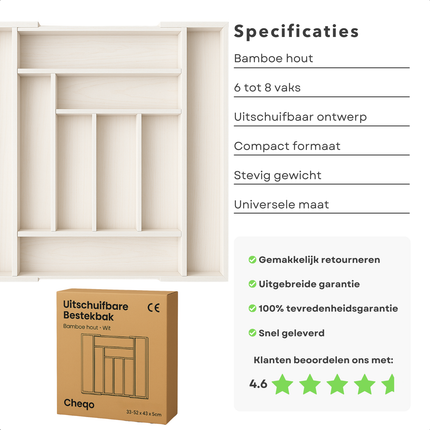 Cheqo® Uitschuifbare Bamboe Bestekbak - Keukenlade - Besteklade Uitschuifbaar - Verstelbare Lade Organizer - Bestekhouder - Wit