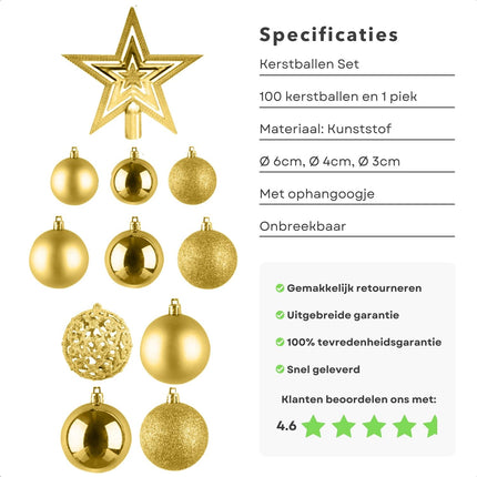 Cheqo® Luxe Gouden Kerstballen Set - Met Piek - 101 stuks - Kunststof - Kerstboomversiering - Kerstversiering - Onbreekbaar - Verschillende Formaten & Designs - Kerstboom - Kerstballenset - Kerstdecoratie - Kerst - Christmas Kerstballen