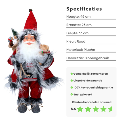 Cheqo® Kerstman Decoratie - Kerstman Pop - 46 cm Rood Bont - Kerstman Figuur - Kerstfiguur met Cadeaus en Knuffelbeer