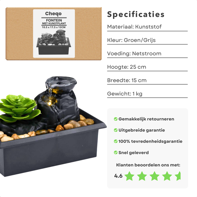 Cheqo® Kamerfontein - Binnenfontein - Rustgevende Zen Sfeer - LED Verlichting - Compact Design - Kunstplant - Tuinfontein - Cascadefontein - Binnenfontein - Fontein - Waterornament