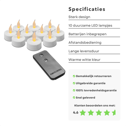 Cheqo® Theelichtjes LED - Theelichten met Afstandsbediening - 10 Stuks - Waxinelichtjes - Realistische Kaarsen - Kaarsjes - Theelicht - Inclusief Batterijen Waxinelichtjes