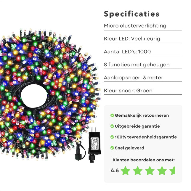 Cheqo® Kerstverlichting - Kerstboomverlichting - Kerstlampjes - Micro Cluster - 1000 LED - 20m - Voor Binnen en Buiten - Timer - 8 Lichtfuncties - Multicolor - Gekleurde Kerstverlichting - Sfeerverlichting - Feestverlichting Kerstboomverlichting