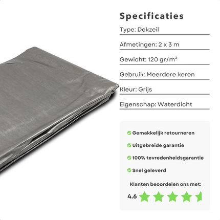 Cheqo® Waterdicht Dekzeil 2x3 m - Afdekhoes - Afdekzeil Herbruikbaar - Grijs - Voor Bescherming Buiten - Voor Auto's, Meubelen, Tuinset - Autohoes - Meubelhoes