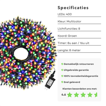 Cheqo® Kerstverlichting - Kerstboomverlichting - Kerstlampjes - 400 LED - 8 Meter - Voor Binnen en Buiten - Timer - Veelkleurig - 8 Lichtfuncties - Lang Snoer - Multicolor - Gekleurde Kerstverlichting - Sfeerverlichting - Feestverlichting Kerstboomverlichting