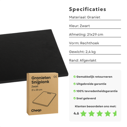 Cheqo® Granieten Snijplank - Graniet Snijplank Zwart - Duurzaam en Stijlvol - Luxe Kaasplank - Serveerplateau Steen