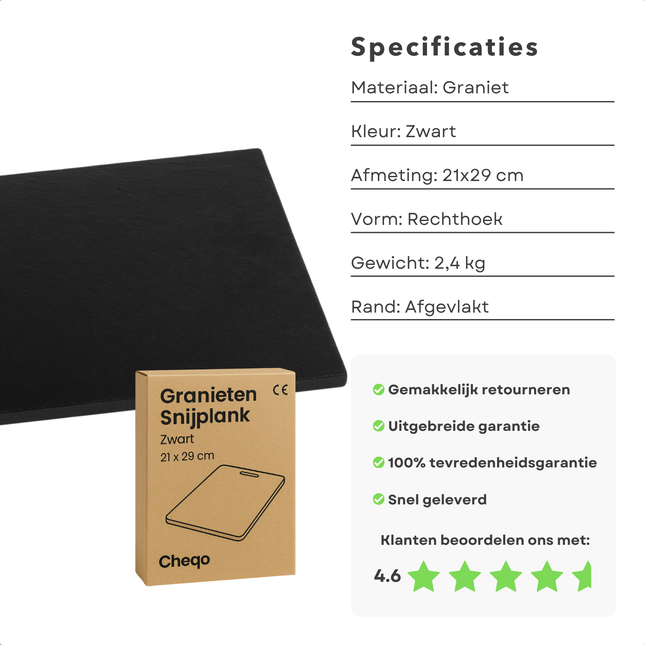 Cheqo® Granieten Snijplank - Graniet Snijplank Zwart - Duurzaam en Stijlvol - Luxe Kaasplank - Serveerplateau Steen