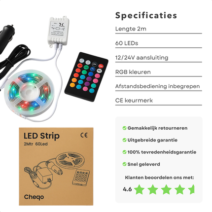 Cheqo® LED Strip 2 Meter - RGB LED Strip - Zelfklevende LED Strip - Draadloze Afstandsbediening - 12V/24V Aansluiting - Sfeerverlichting LED - Auto LED Verlichting - Caravan LED Strip - Dimbare LED Strip - 60 Led's - Infrarood Bediening