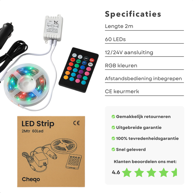 Cheqo® LED Strip 2 Meter - RGB LED Strip - Zelfklevende LED Strip - Draadloze Afstandsbediening - 12V/24V Aansluiting - Sfeerverlichting LED - Auto LED Verlichting - Caravan LED Strip - Dimbare LED Strip - 60 Led's - Infrarood Bediening