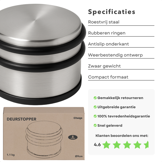 Cheqo® Deurstopper Set RVS - 6 Stuks - Antislip - 2 Rubberen Banden - Roestvrij Staal - Deurstop - Deurwig