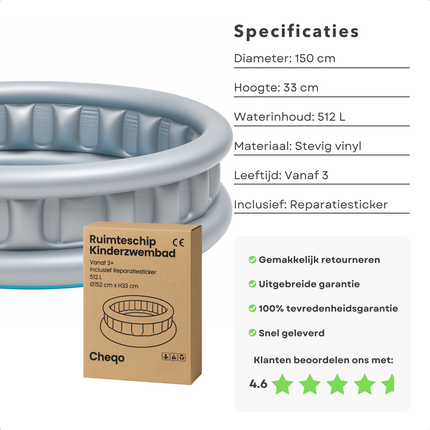 Cheqo® Opblaasbaar Kinderzwembad – Ruimteschip Design – Stevig Vinyl – Kinderbadje met Reparatiesticker – Speelzwembad – Waterpret – Duurzaam – Leegloopventiel – Vanaf 3 Jaar – Veilig Zwembad Kinderen