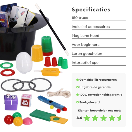 Cheqo® Magische Goocheldoos - 150 Trucs - Magic Tricks Set - Inclusief Goochelhoed en Goochelstok - Met Bekers, Ringen, Ballen, en Meer - Goochelset voor Kinderen -  Goochelen