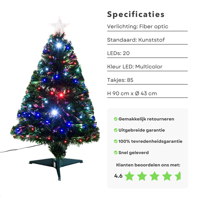 Cheqo® Kunstkerstboom 90 cm - Kerstboom met Kerstlampjes - Kerstboom met Lampjes - Fiber Optic Verlichting - Multicolor LED - Voor Binnengebruik