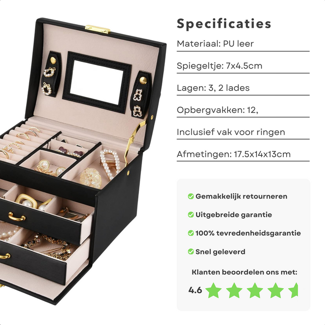 Cheqo® Zwarte Sieradendoos Met Spiegel - Bijouteriedoos - Juwelenkistje met Lades voor Sieradenopslag - Sieraden Opbergers - Juwelendoos - Sieraden Doos